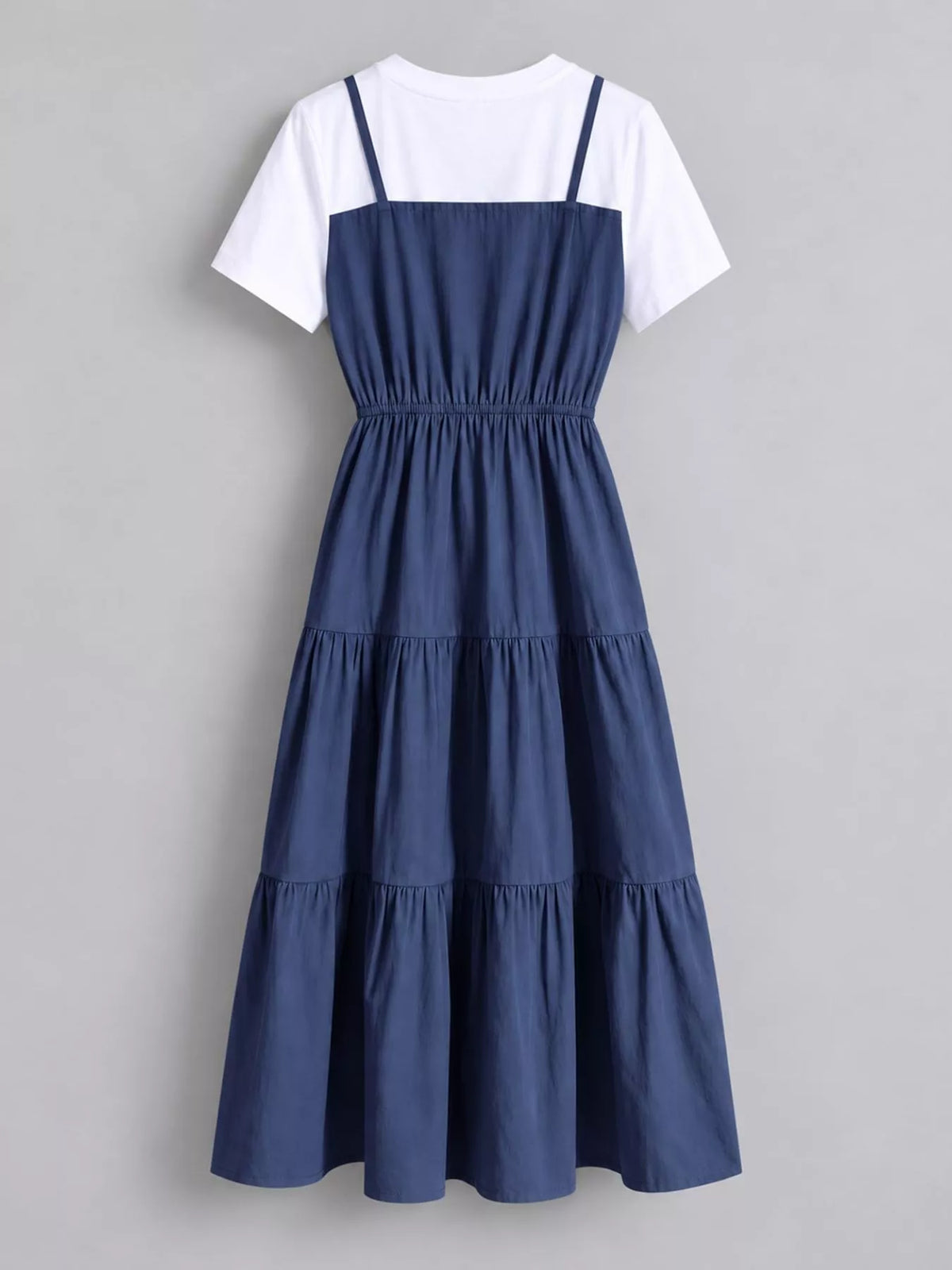 Tiered Layered Look Midi Dress, back view in navy blue and white