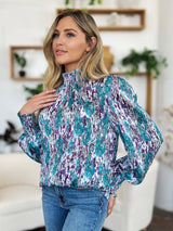Trendsi Double Take Full Size Printed Smocked Long Sleeve Blouse -