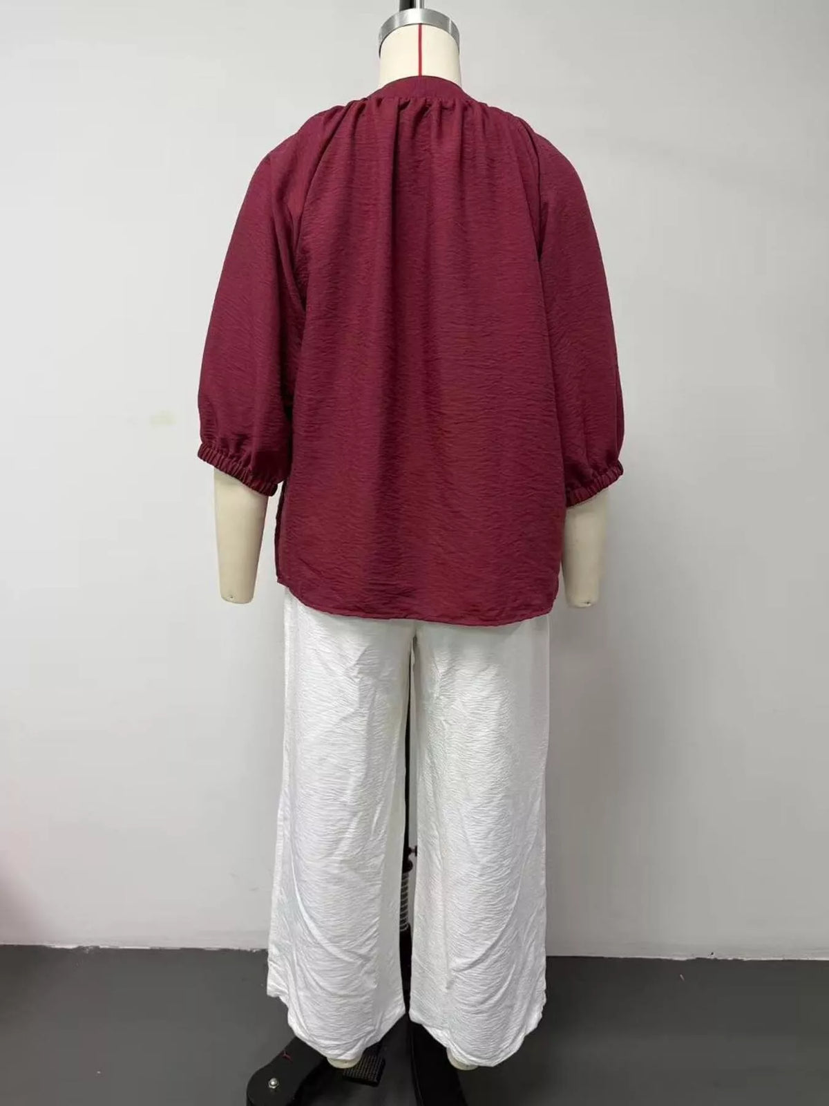 Burgundy Notched Long Sleeve Blouse & White Wide-Leg Pants Set mannequin back view