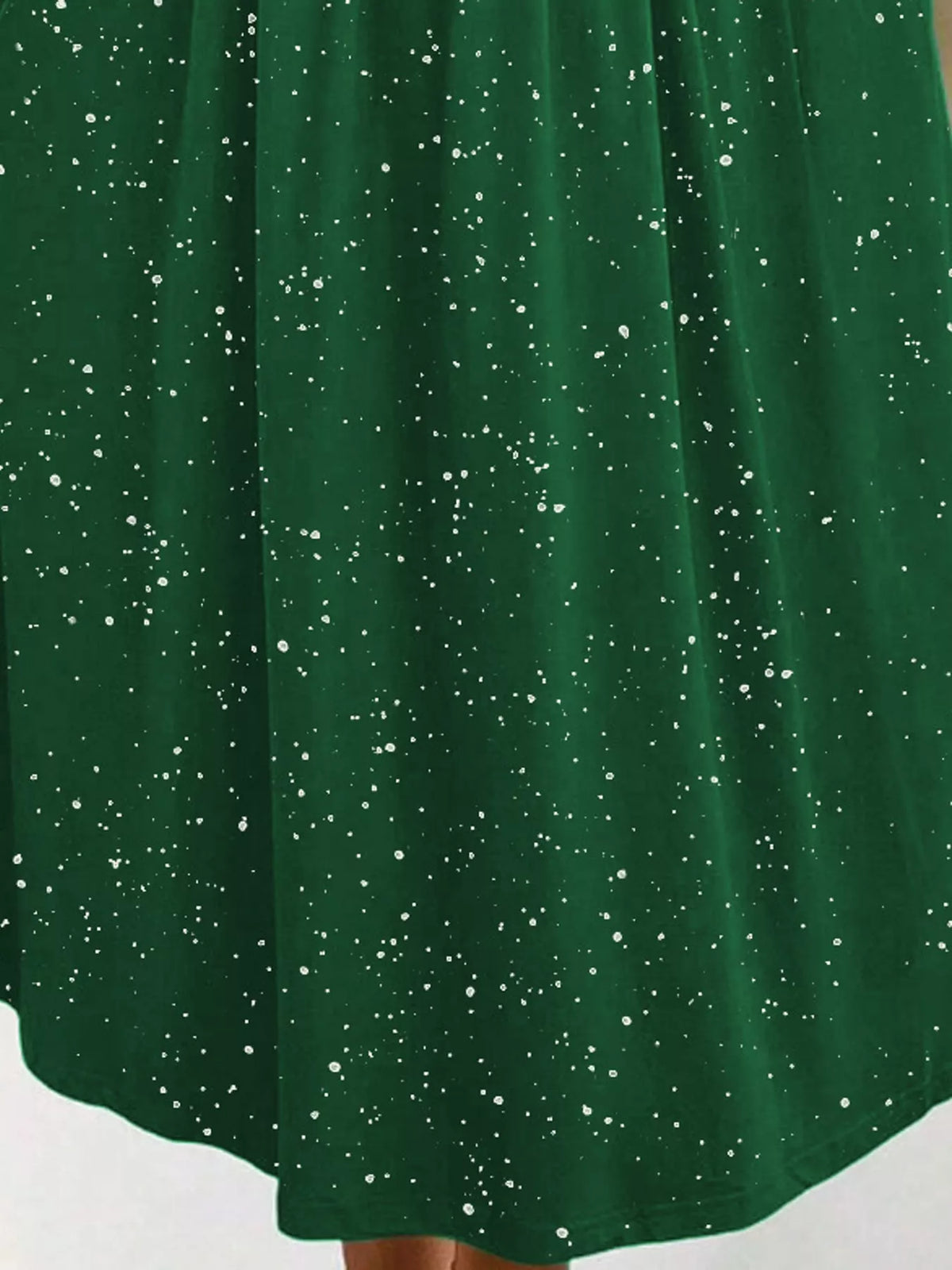 Green speckled short sleeve midi dress with pockets, fabric print detail