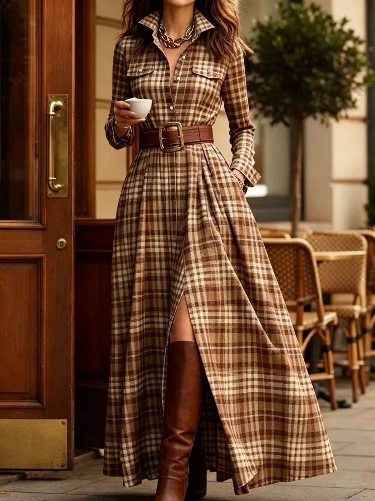 Vintage Plaid Button-Down Maxi Shirt Dress in apricot