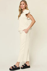 Trendsi Double Take Texture Ruffle Short Sleeve Top and Drawstring Wide Leg Pants Set -