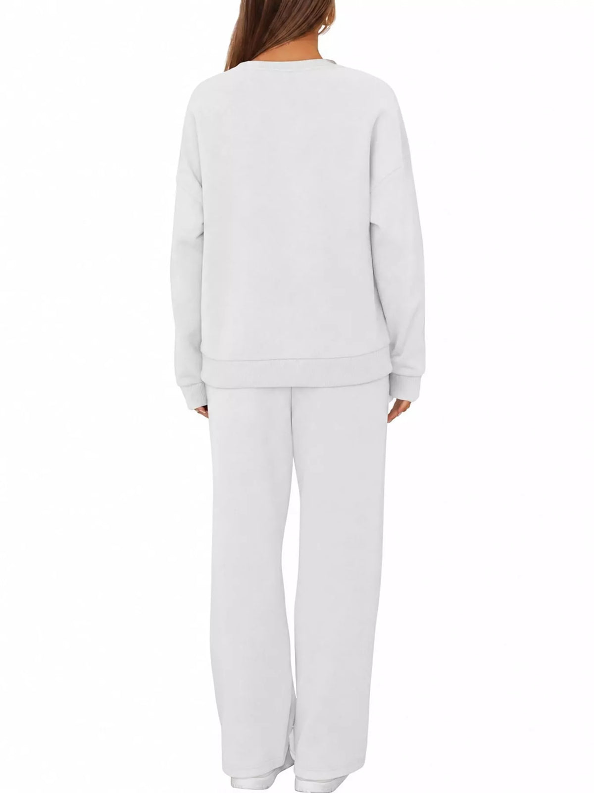 Crewneck Drop Shoulder Sweatshirt and Wide-Leg Pants Set — back view