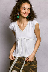 Trendsi POL V-Neck Lightweight Textured Short Sleeve Knit Top with Lace Trim -