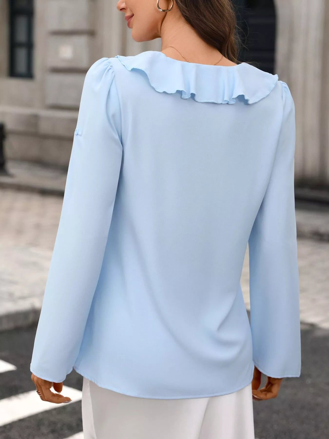 Trendsi Ruffled V-Neck Roll-Up Sleeves Blouse -