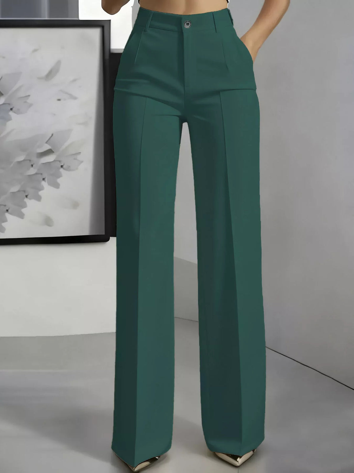 Dark green high-waisted wide-leg pants, front view
