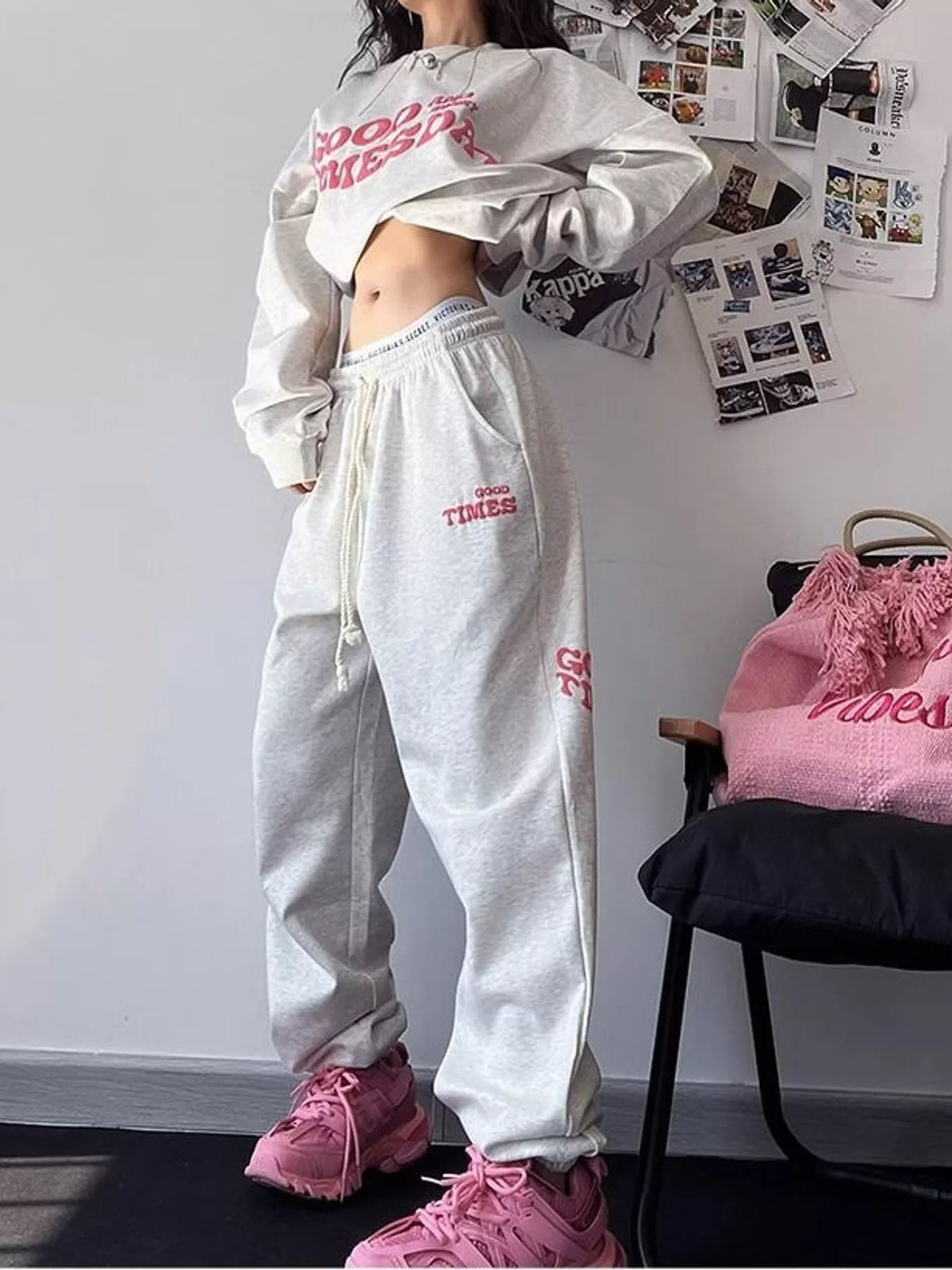 Oversized Graphic Sweatshirt and Jogger Set in gray