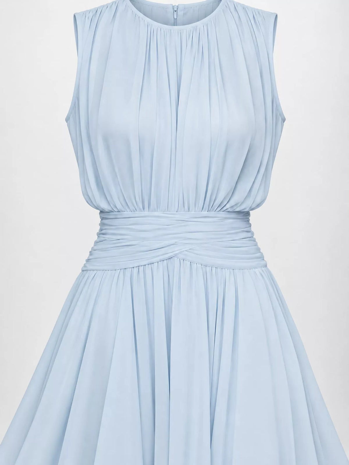 Light blue sleeveless ruched chiffon maxi dress, detail view