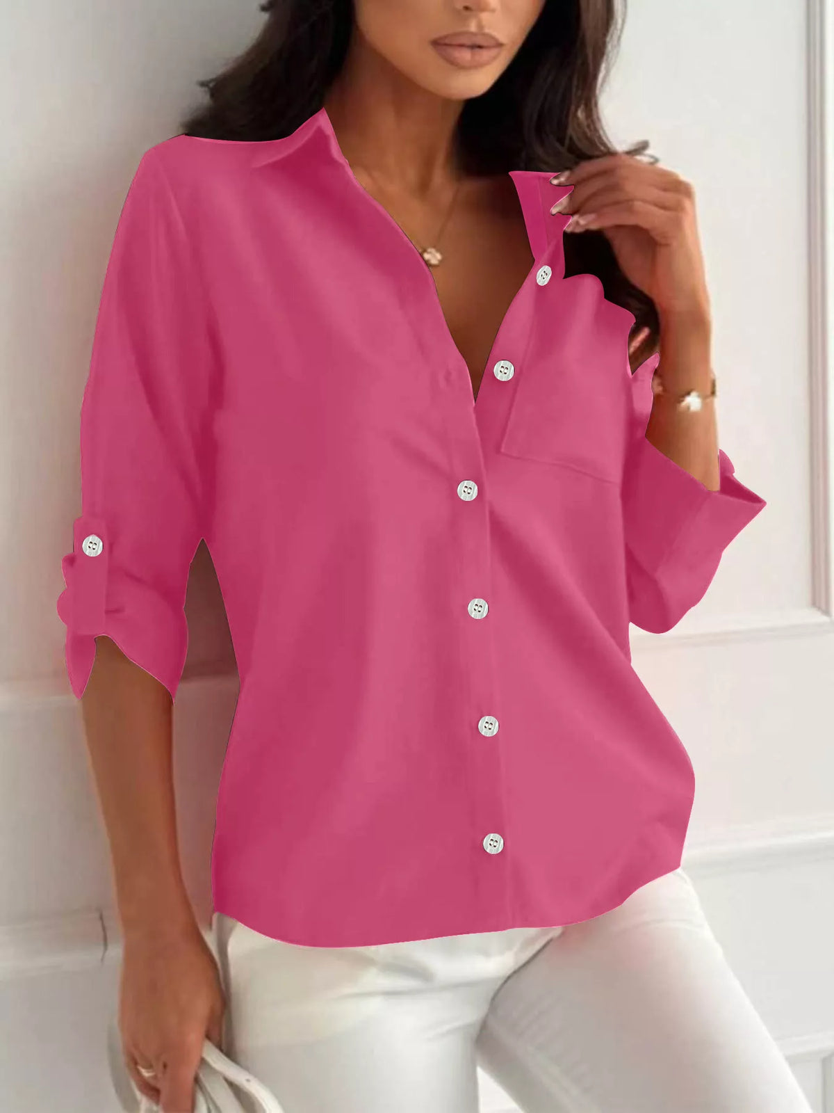 Trendsi Button-Down Roll-Up Sleeve Shirt -