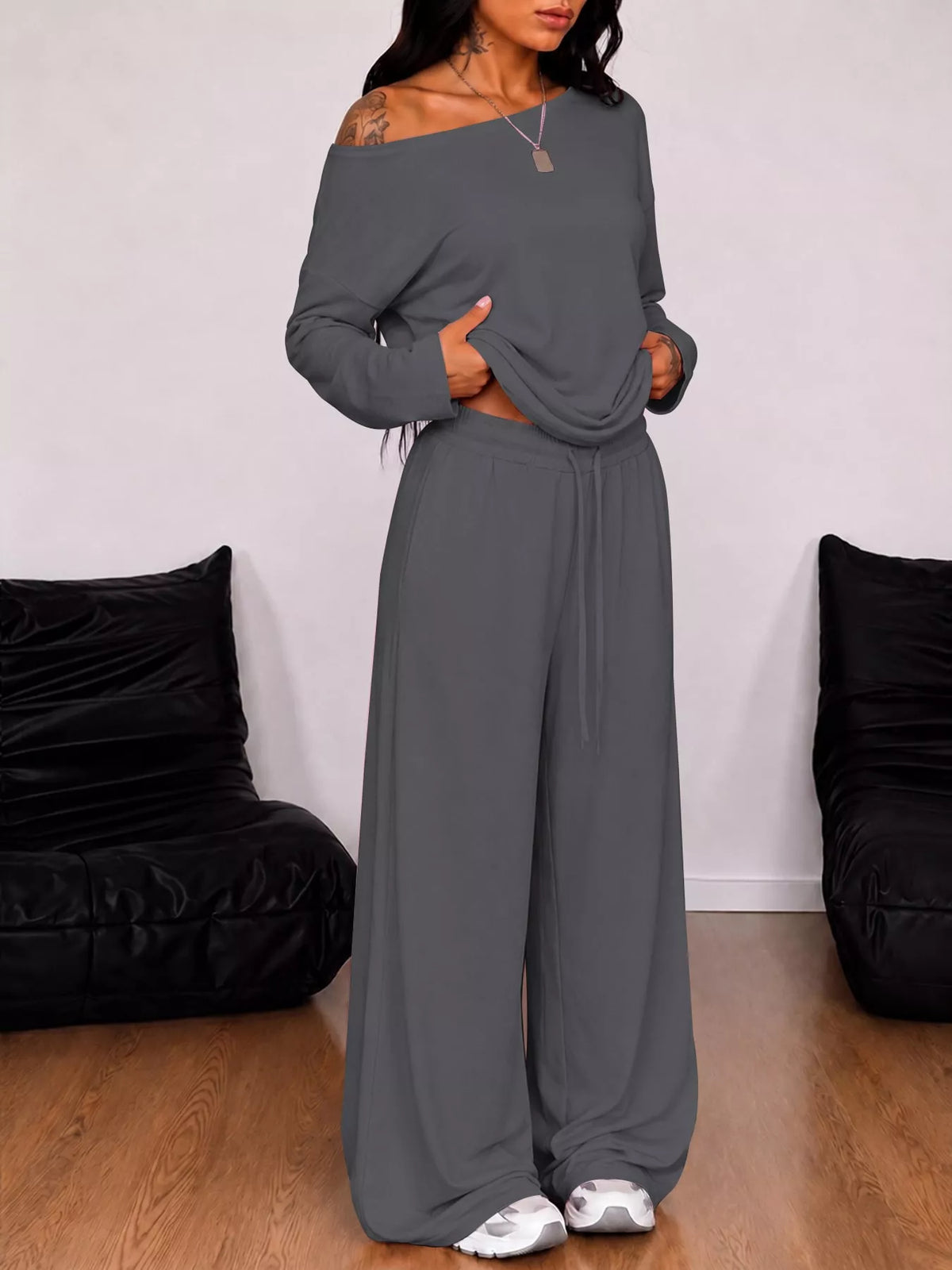 Off-Shoulder Striped Long Sleeve Top and Wide Leg Pants Set in dark gray