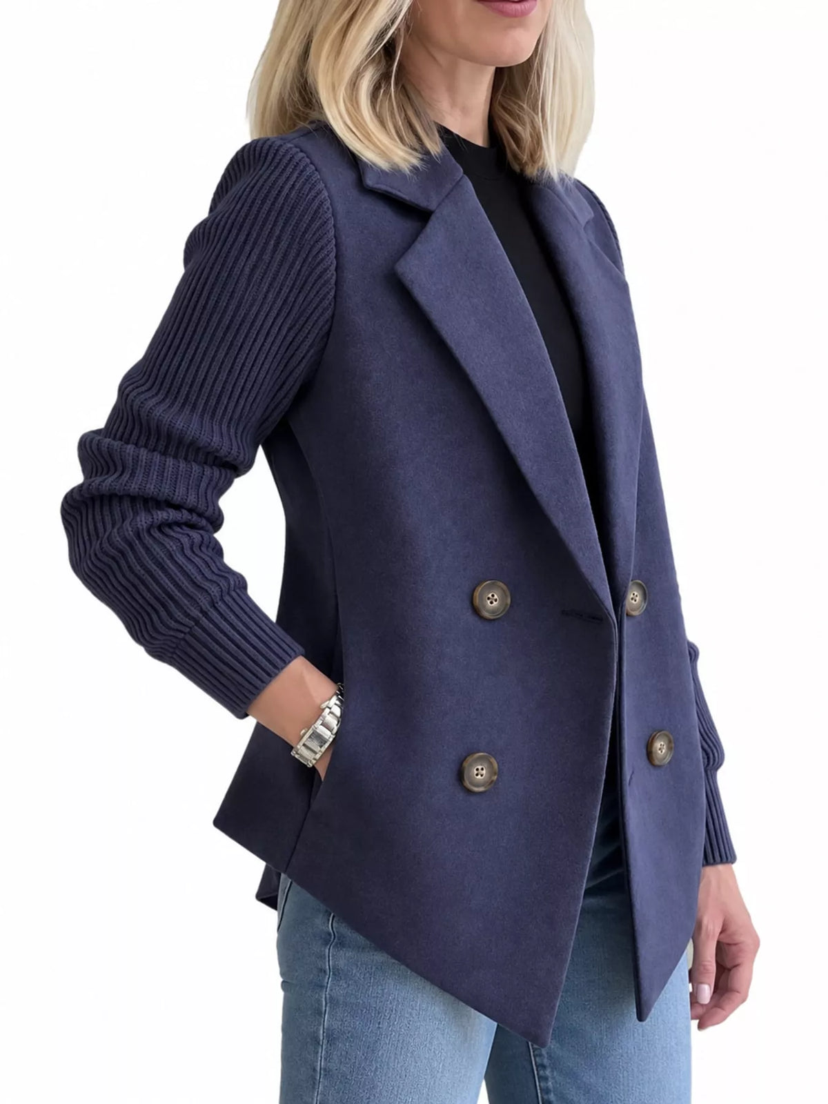 Navy Blue double-breasted blazer with ribbed knit sleeves