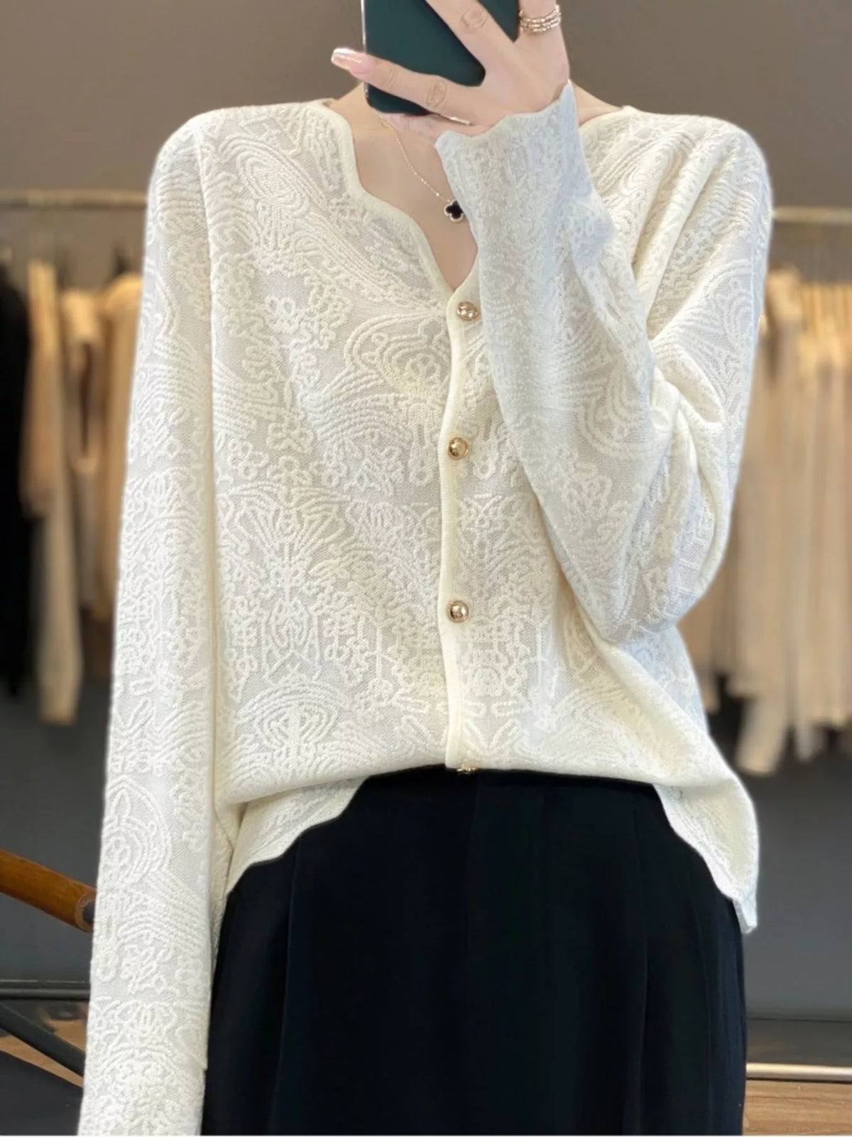 Lace-trim cardigan, cream front