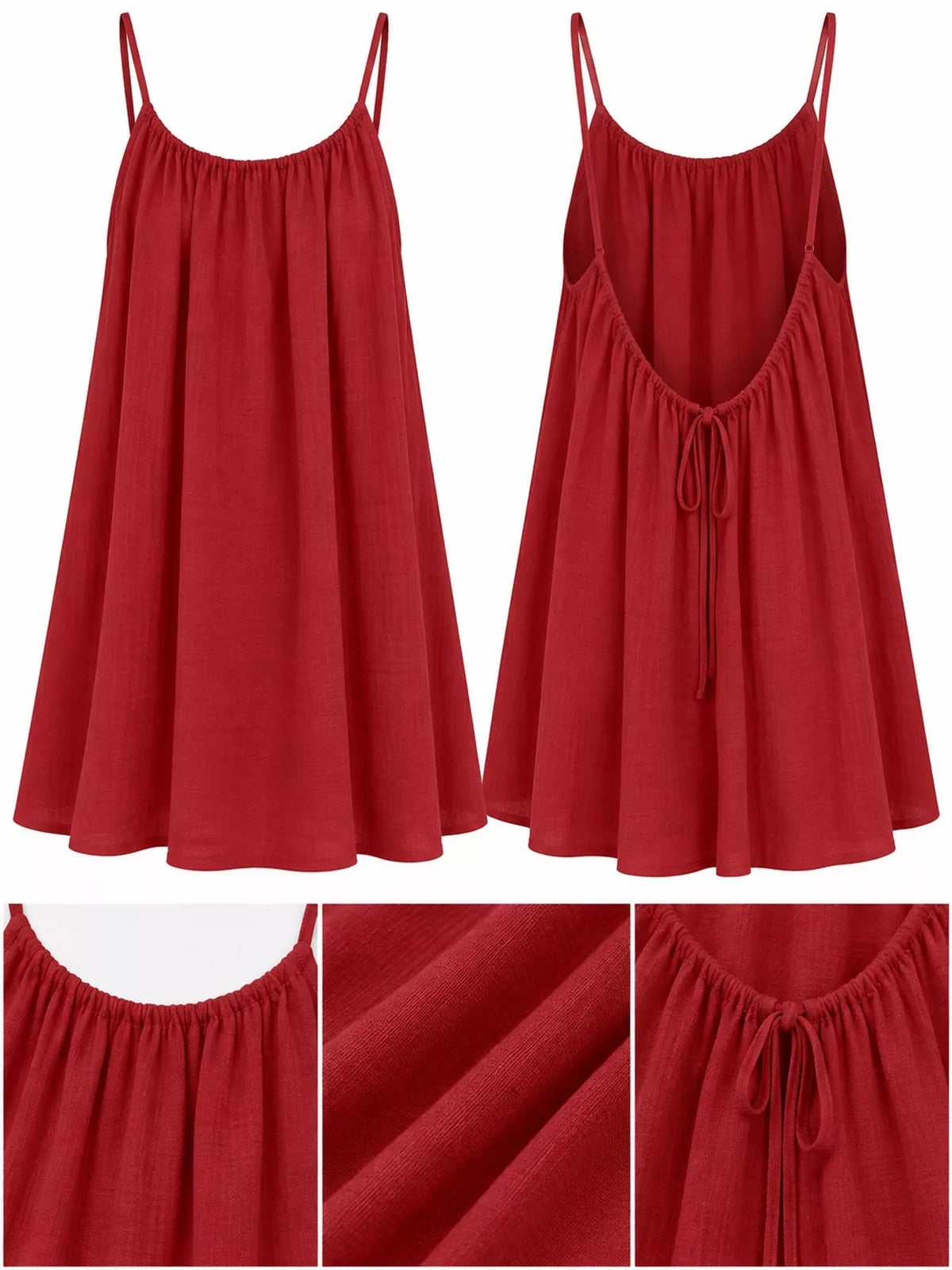 Red spaghetti strap A-line mini dress with open tie back, front, back and construction details