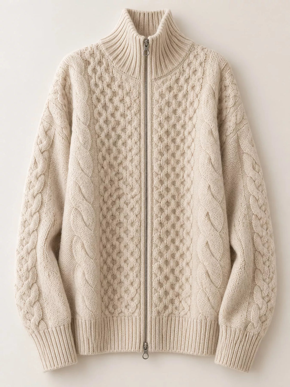Cable-knit cardigan, beige hanging front