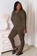 Trendsi Basic Bae Bamboo Full Size V-Neck Long Sleeve Top and Pants Lounge Set - Pants