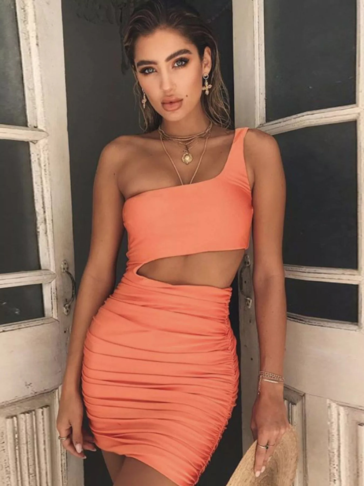 One-shoulder cutout dress, coral front