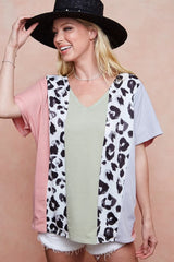 Trendsi BiBi Cotton Span Knit With Leopard Color Block Top -