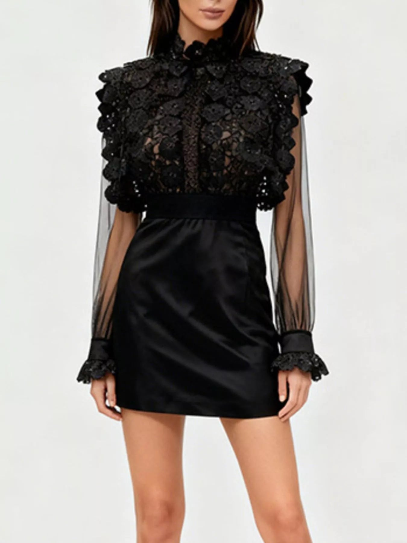 Trendsi Lace Sheer Sleeve Mini Dress -