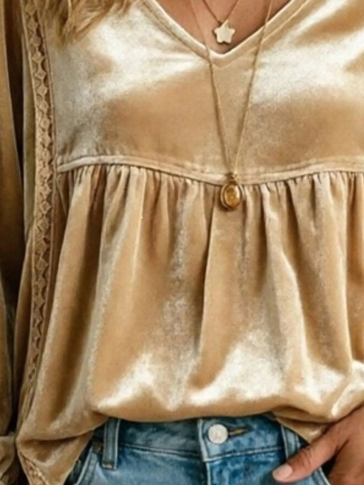 Women's V-Neck Long-Sleeve Velvet Blouse with Lace Trim — alternate view 20