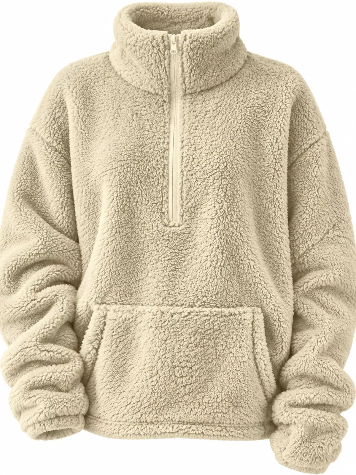 Sherpa quarter-zip sweatshirt, cream zip and pocket front