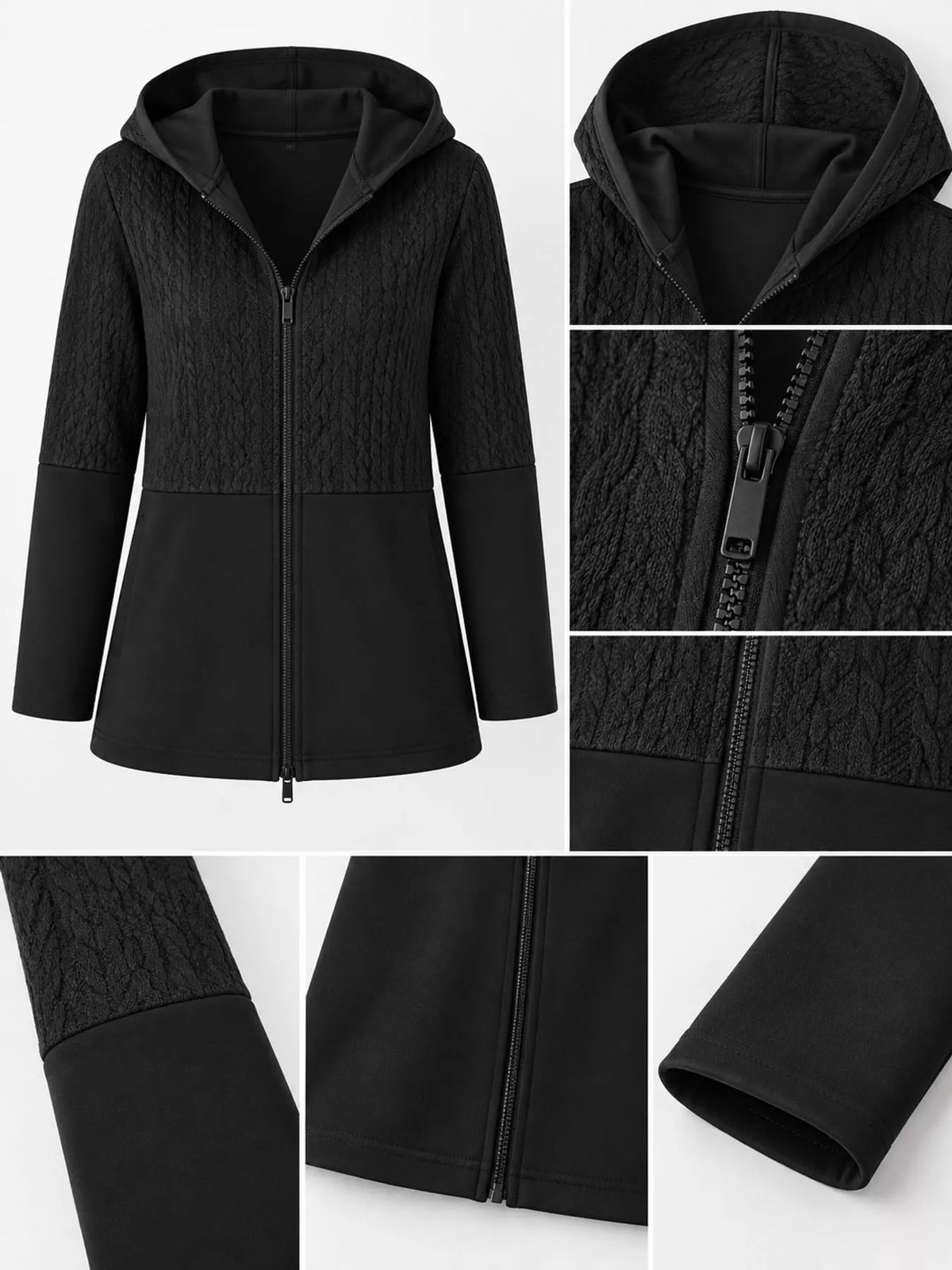 Black hooded zip-up jacket, hood, zipper, cable-knit panels, sleeve, and hem close-ups