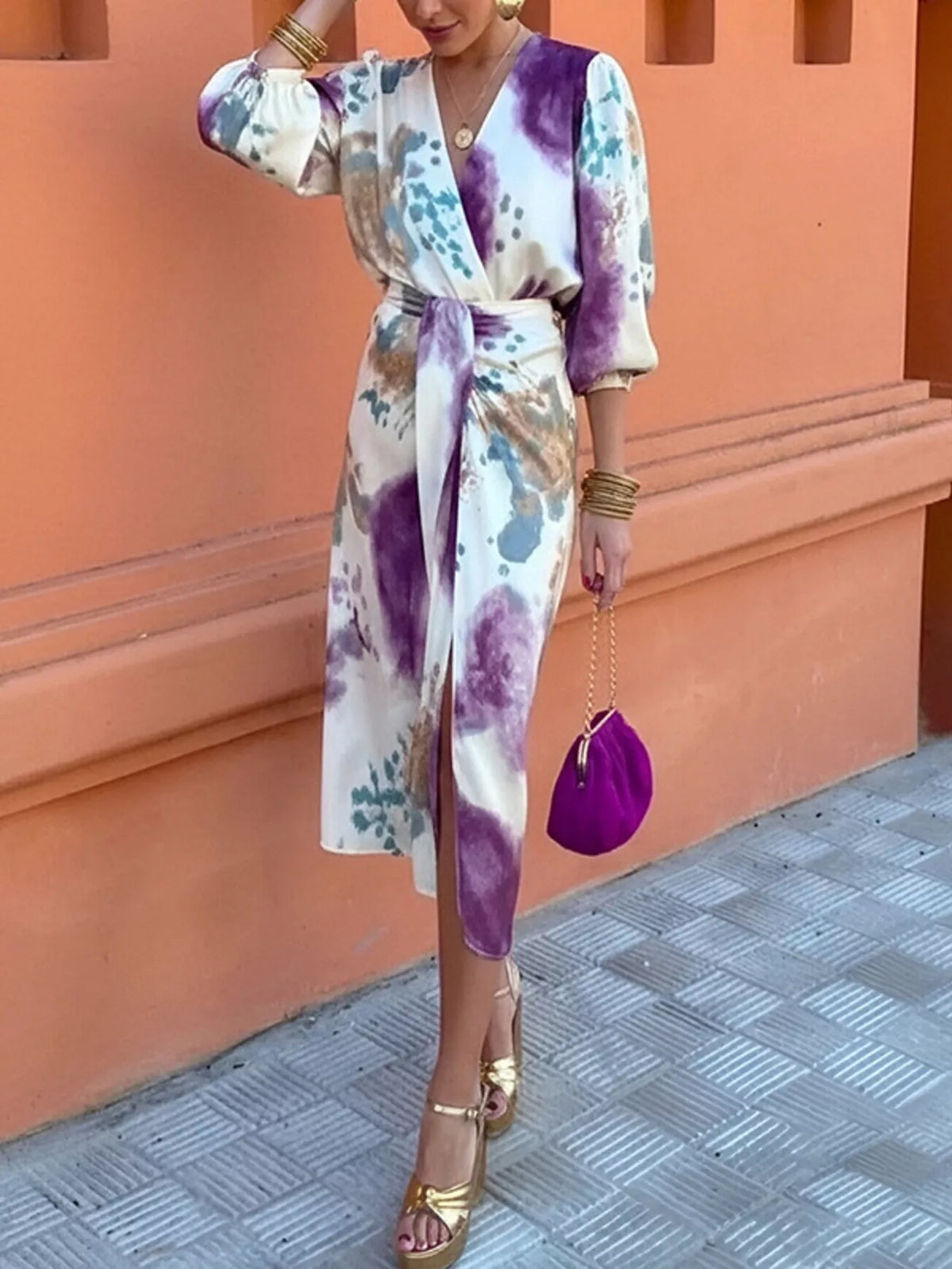 Abstract-print tie-waist midi dress