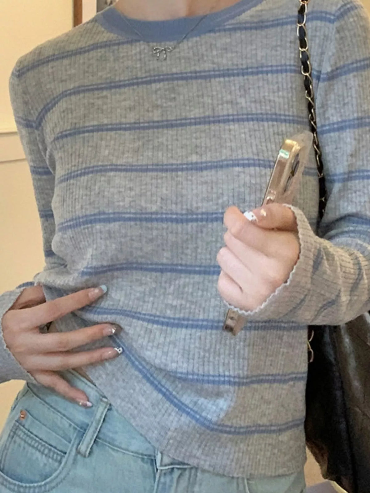 Striped Round Neck Ribbed Knit Top, detail view in gray and blue