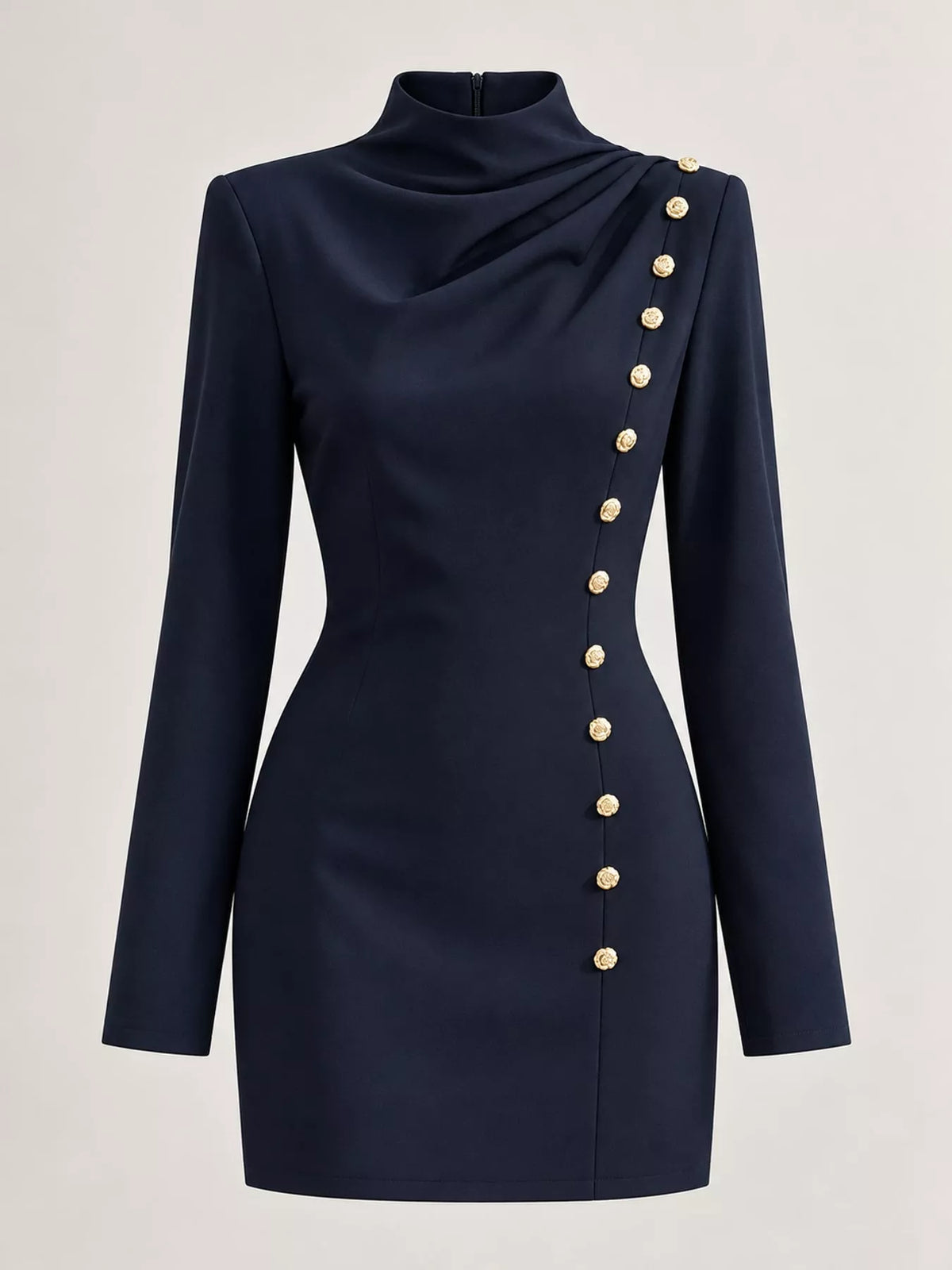 Navy decorative button mock neck mini dress