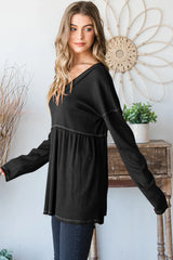 Trendsi Heimish Full Size V-Neck Long Sleeve Ribbed Babydoll Top -