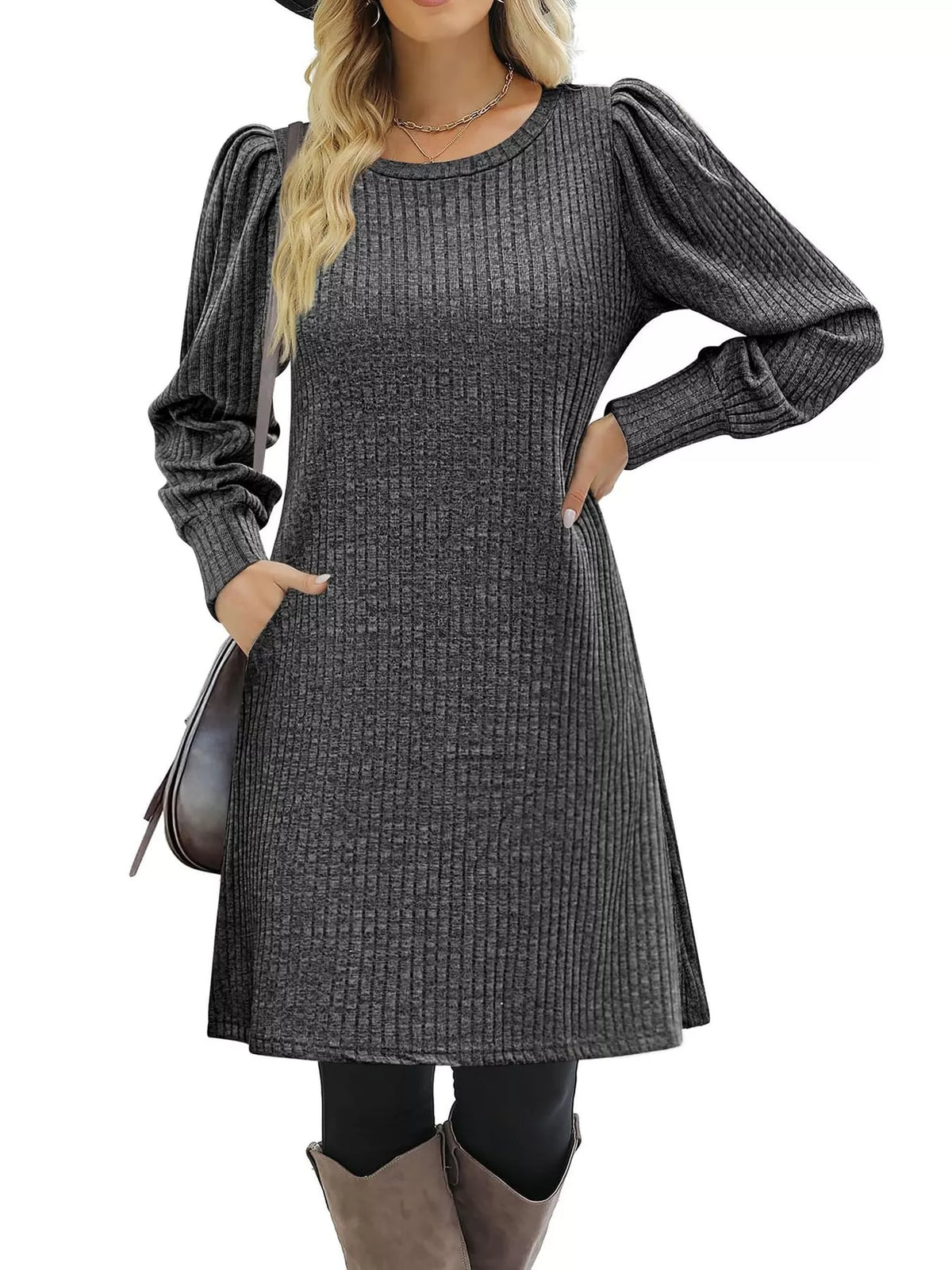 Ribbed puff-sleeve dress, gray front