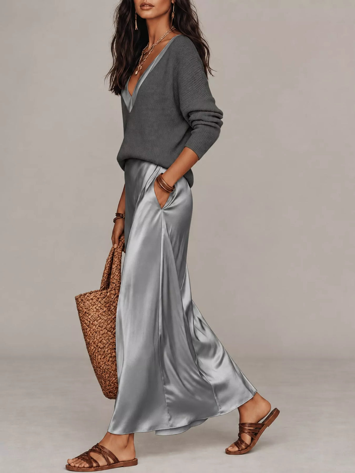Gray-Set v-neck top and satin midi skirt set
