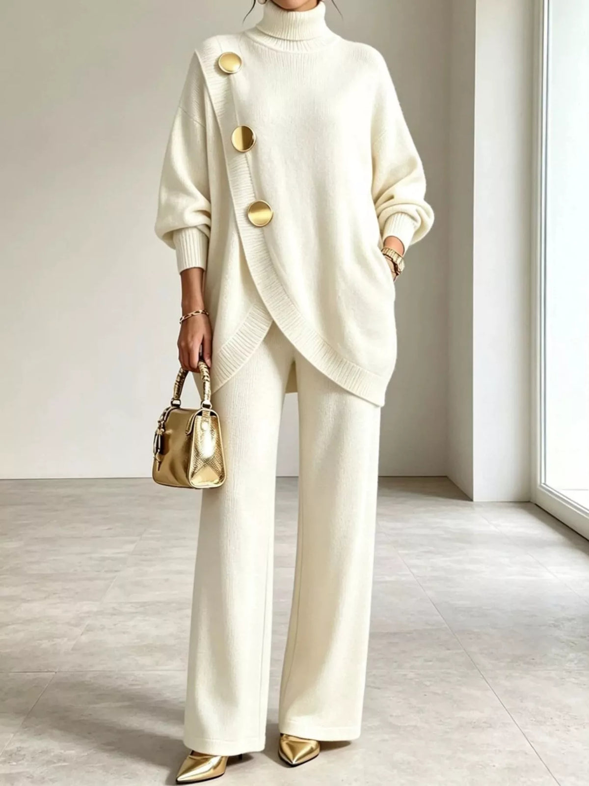 Off-White turtleneck long sleeve top and pants sweater set