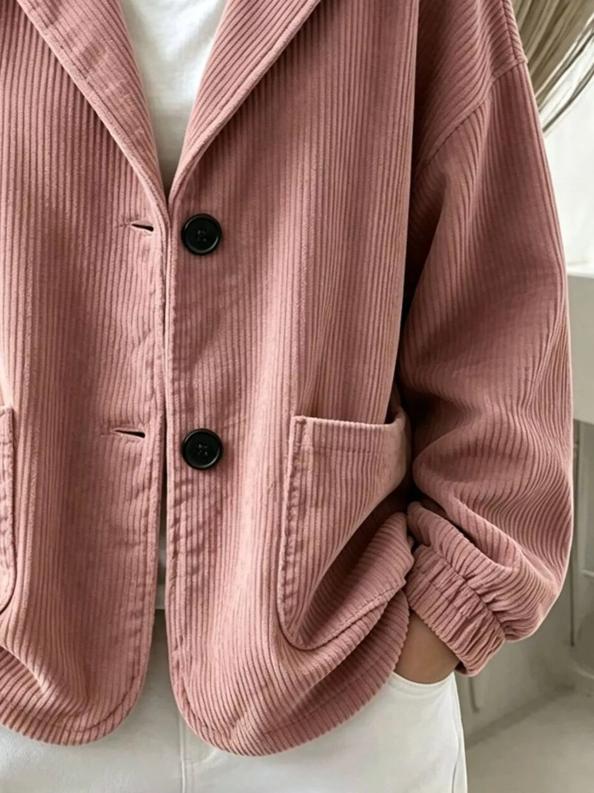 Women's Corduroy Button Up Hooded Jacket in pink — pocket detail view