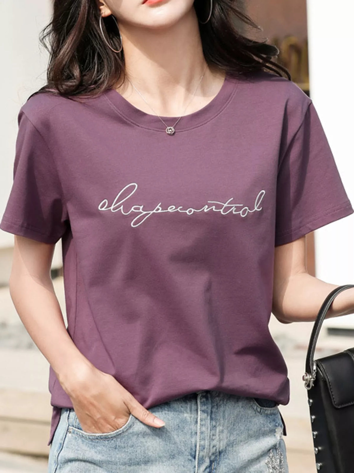 Purple letter embroidered round neck t-shirt
