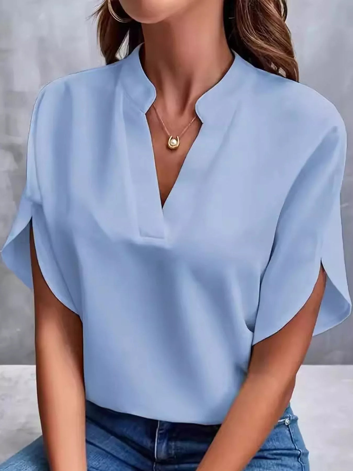 Women's Notched Slit Short Sleeve Blouse in light blue — front view