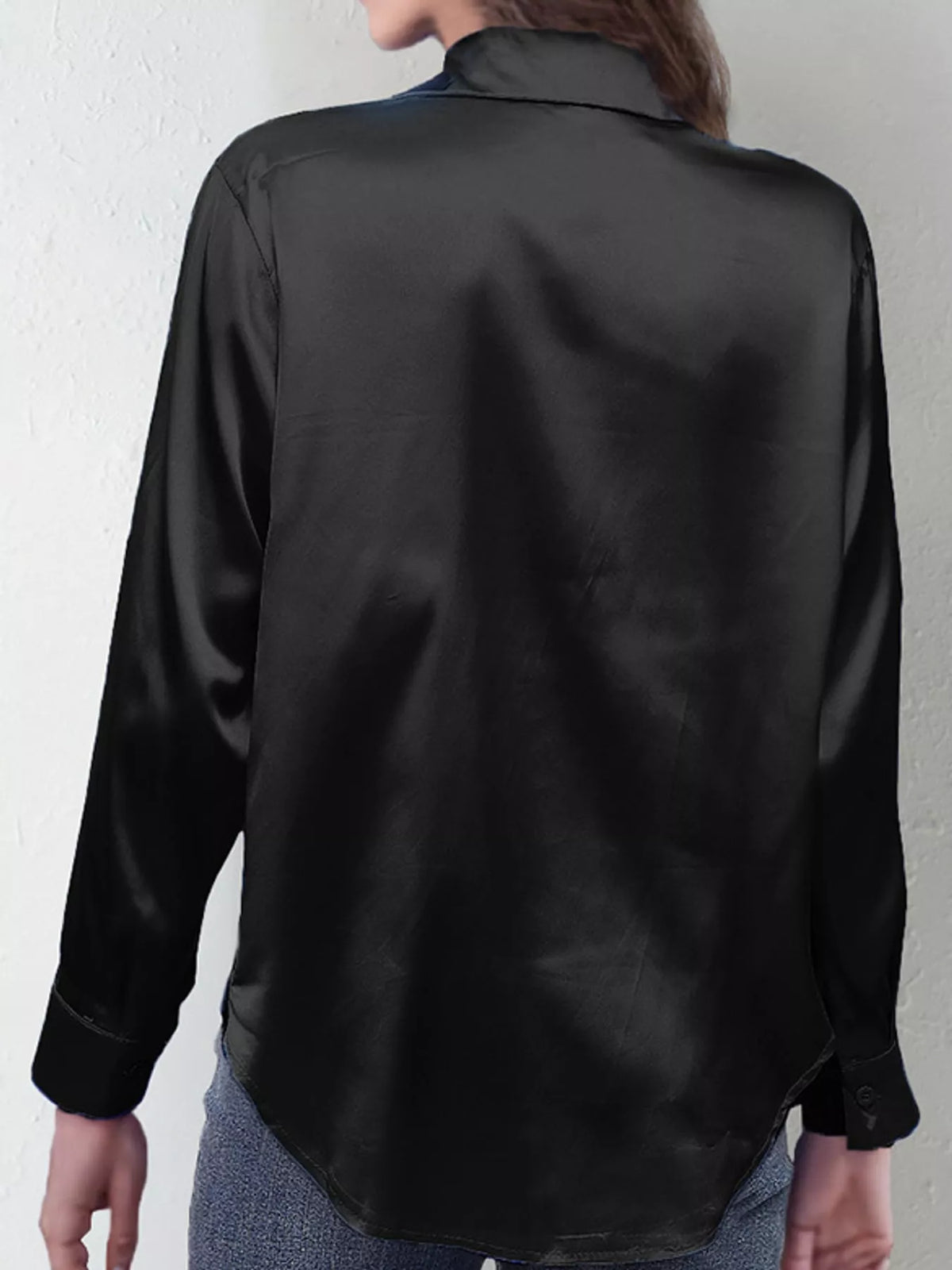 Dark Gray satin button-down long sleeve shirt, back view