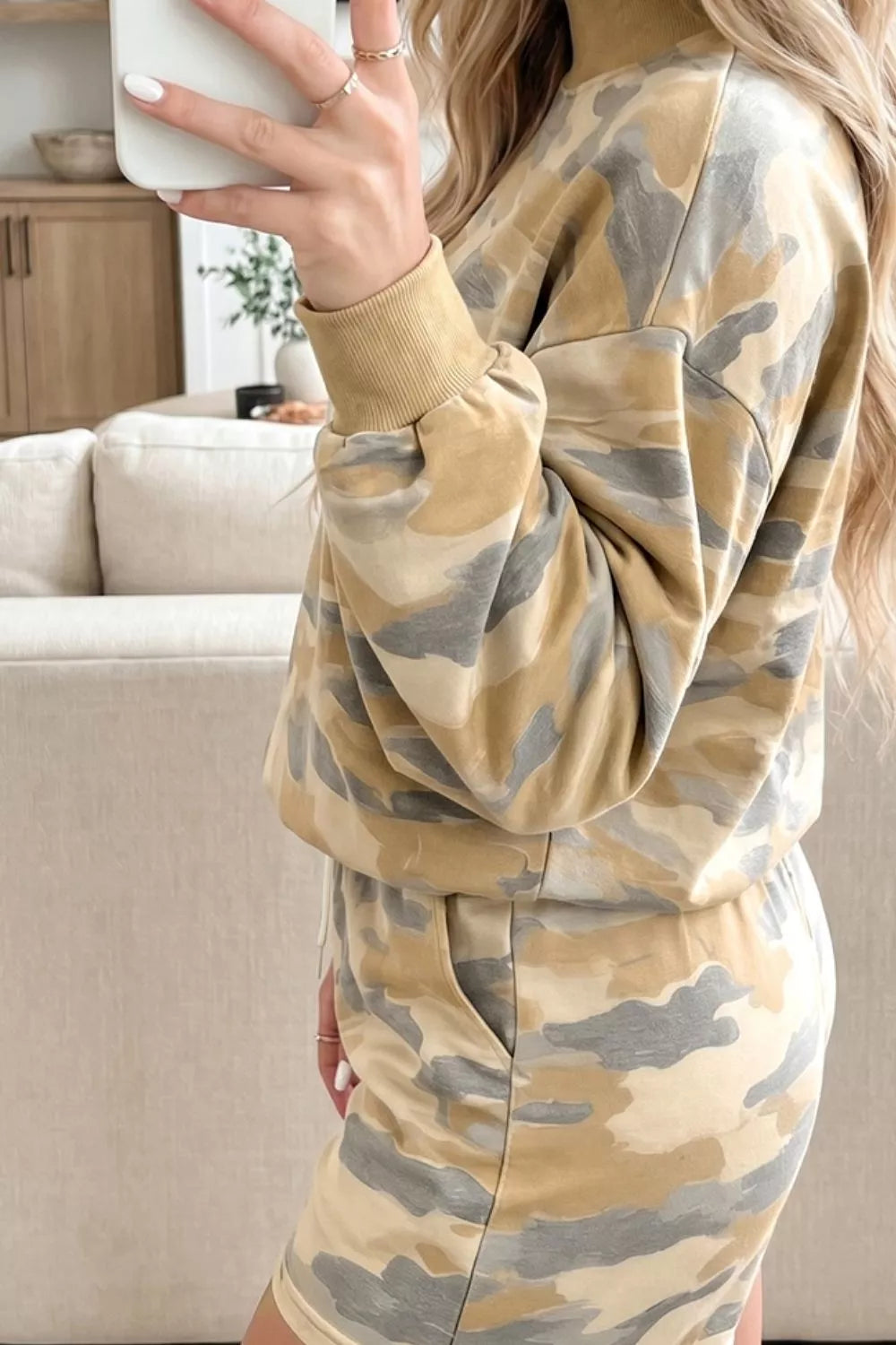 Camouflage Print Long Sleeve Top Drawstring Shorts Set in beige, back view