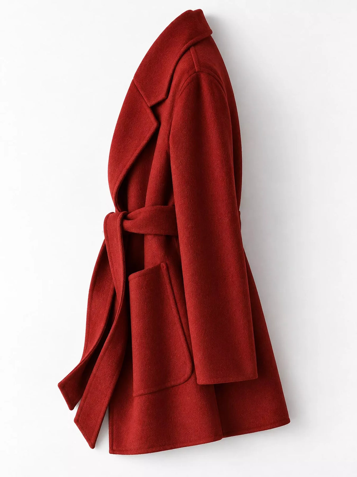 Red belted double-sided wool coat, side view