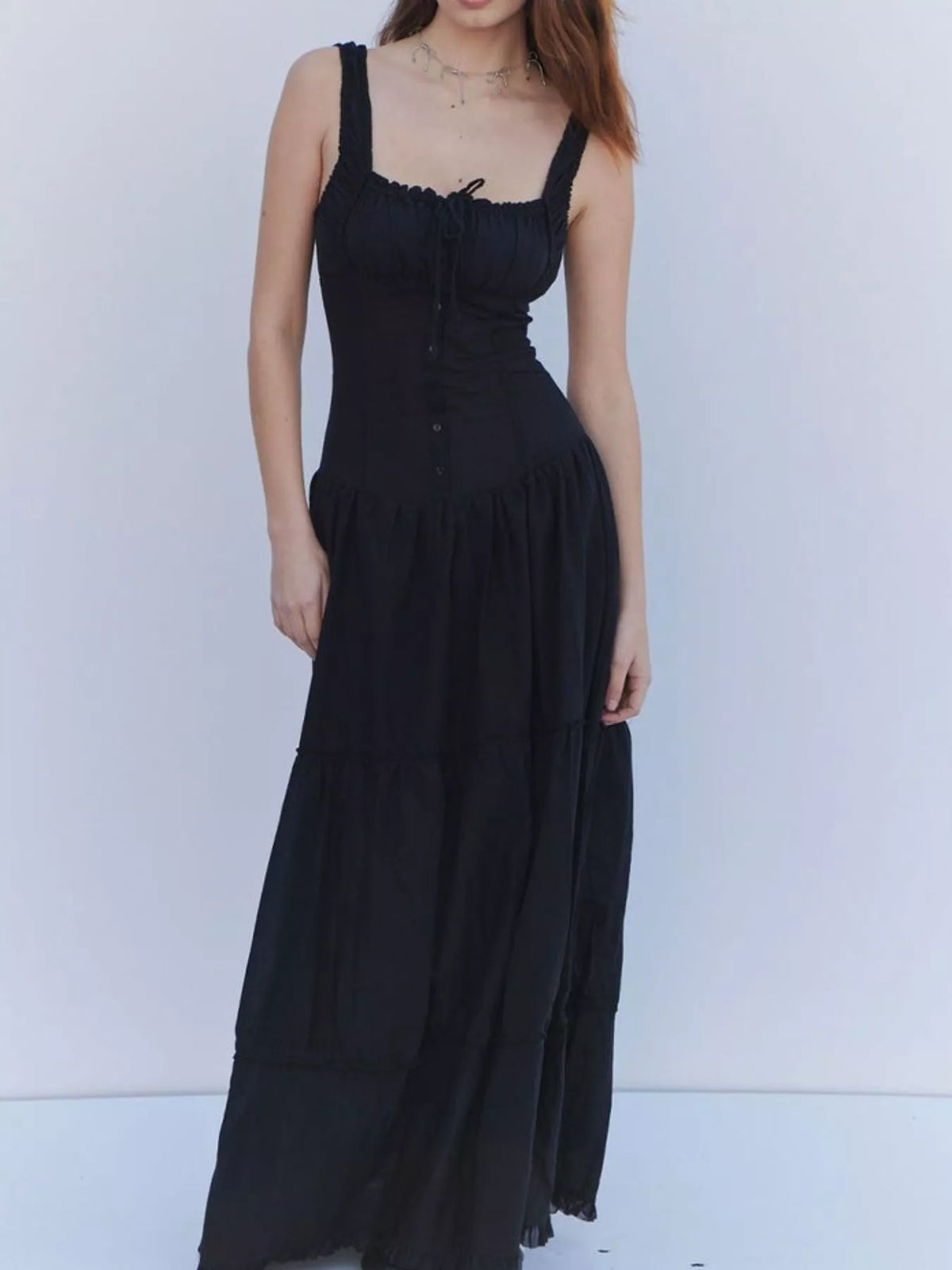Women's Ruffled Square Neck Tiered Maxi Dress in black — front view