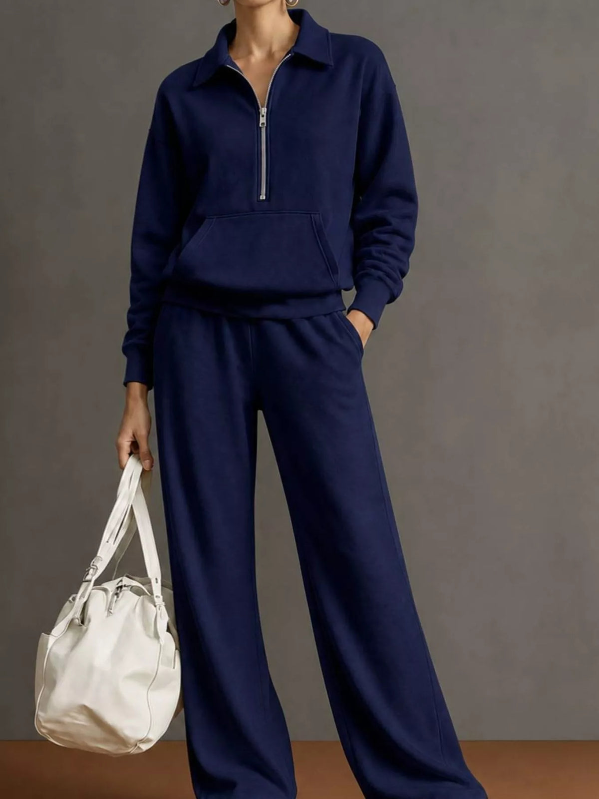 Collared long sleeve outfit set, front view on model