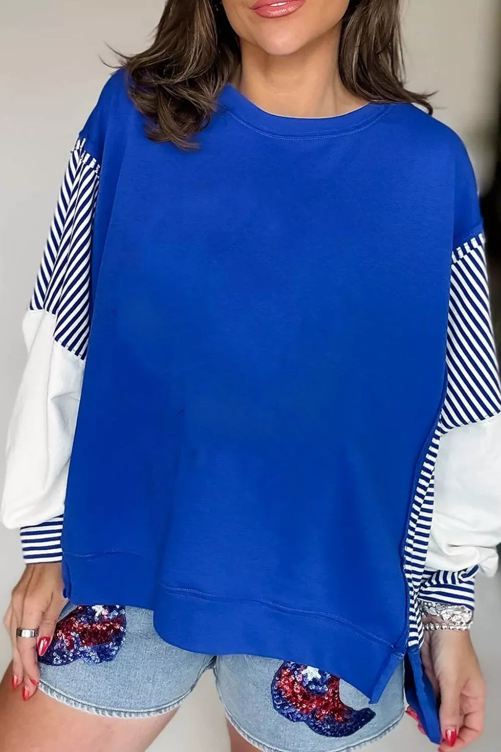 Trendsi Leopard and Striped Patchwork Sleeves Sweatshirt -