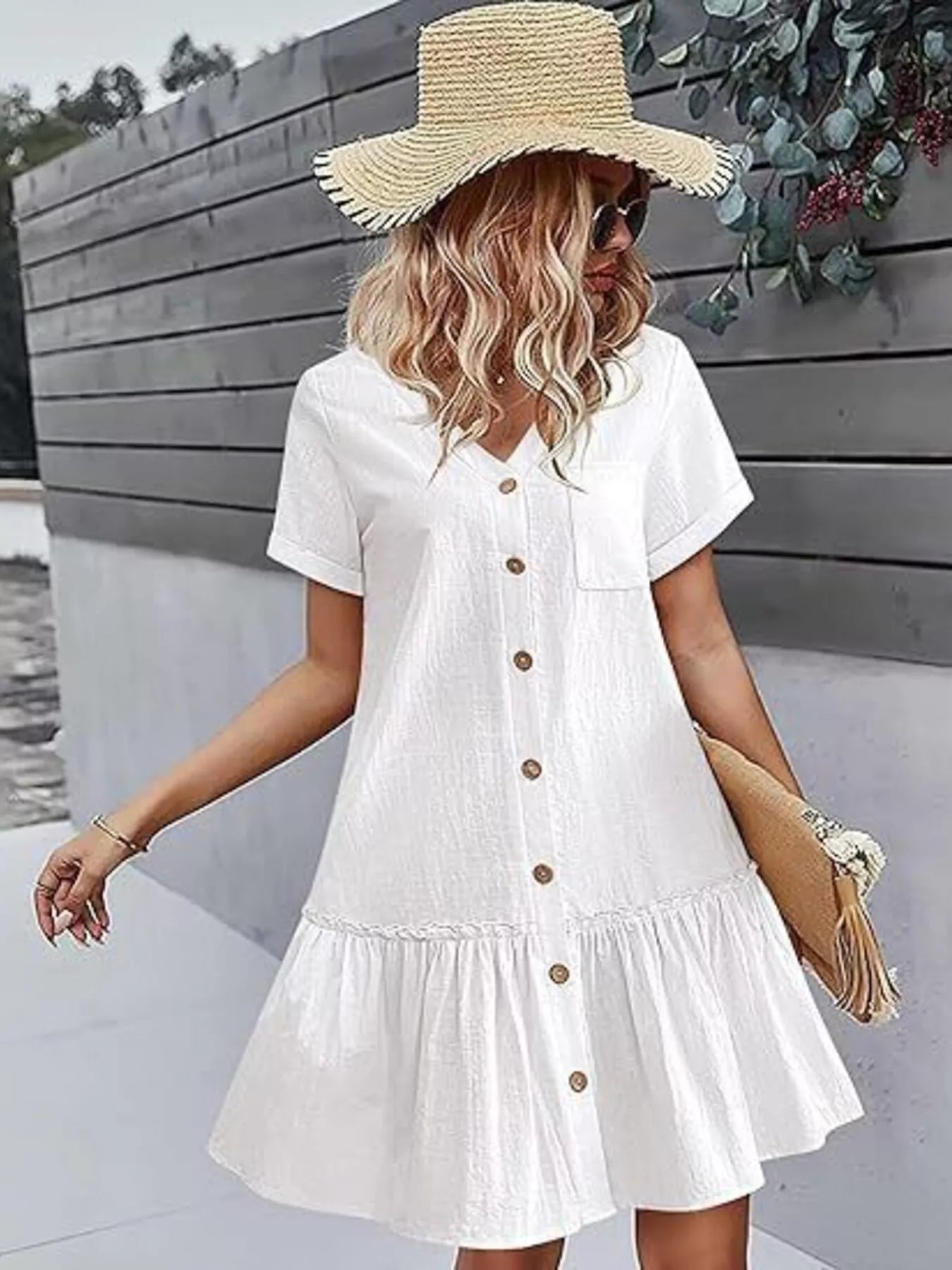 Trendsi Full Size Button-Down Ruffle Hem Mini Dress Plus Size -