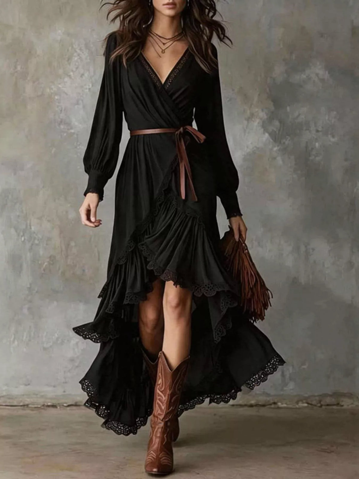 High-Low Hem Surplice Dress in black