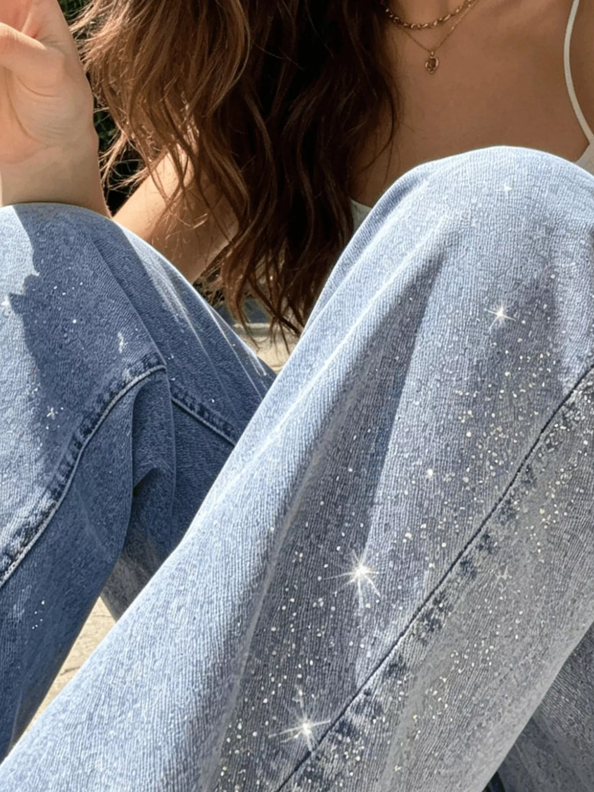 Blue high-waisted acid wash sparkle wide-leg jeans, detail view