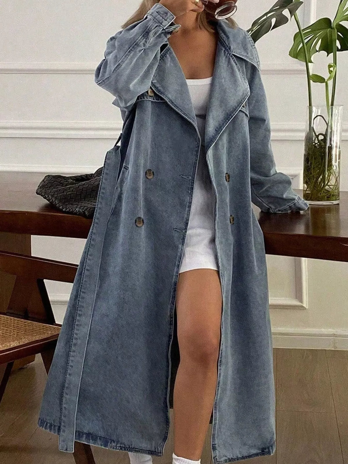 Denim trench jacket, blue front open