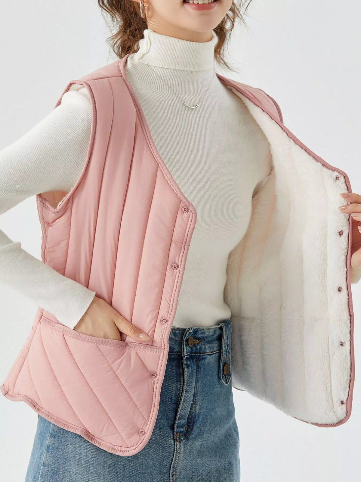 Quilted Button Up Vest in pink, front view