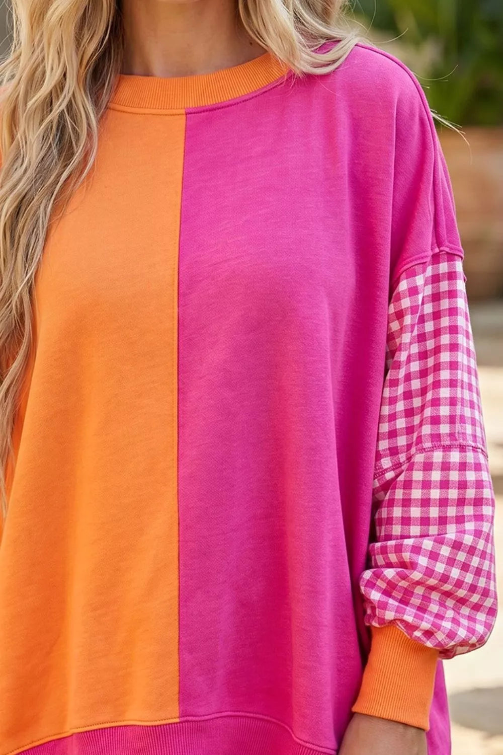 Trendsi Colorblock Gingham Sleeve Crewneck Sweatshirt -