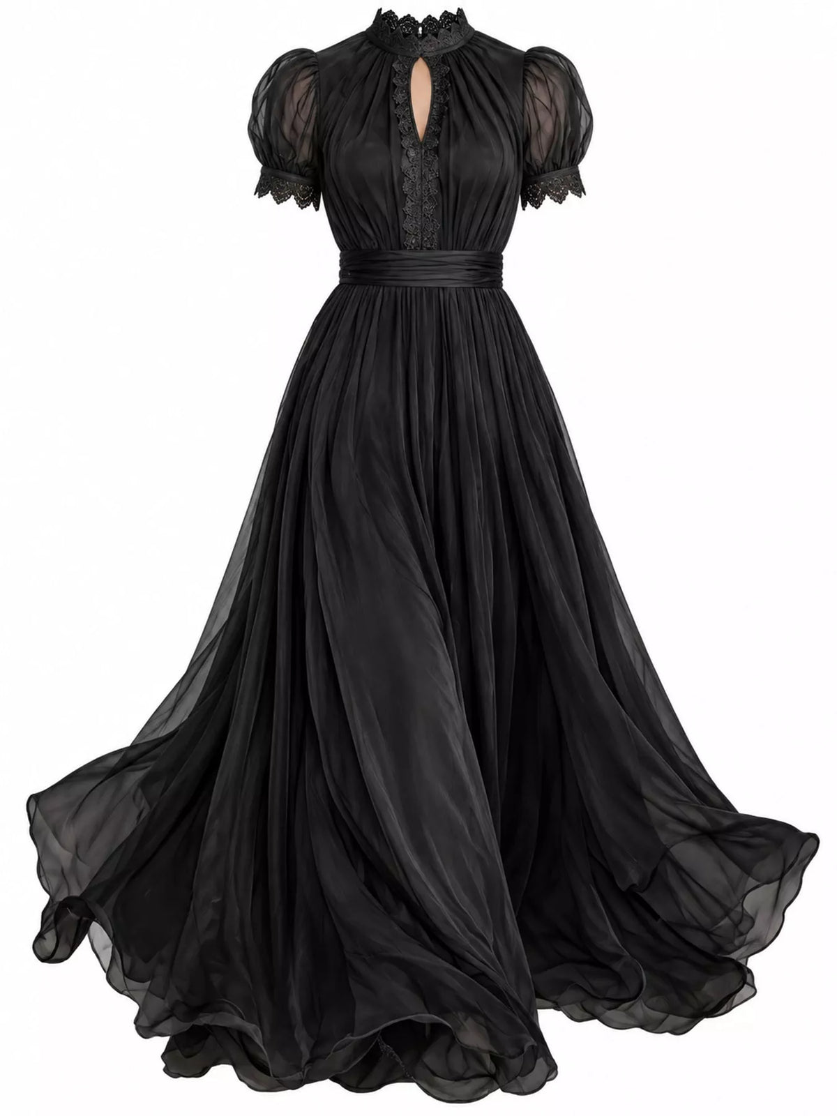 Lace Puff Sleeve Maxi Dress in black, front view