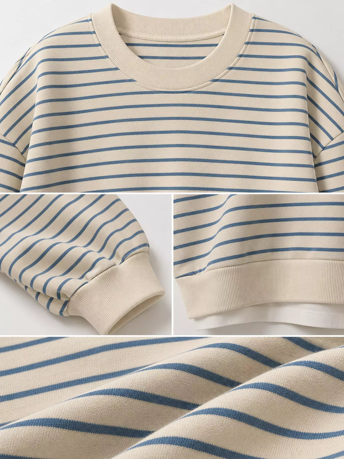 Cream and blue striped long sleeve crewneck t shirt, detail view