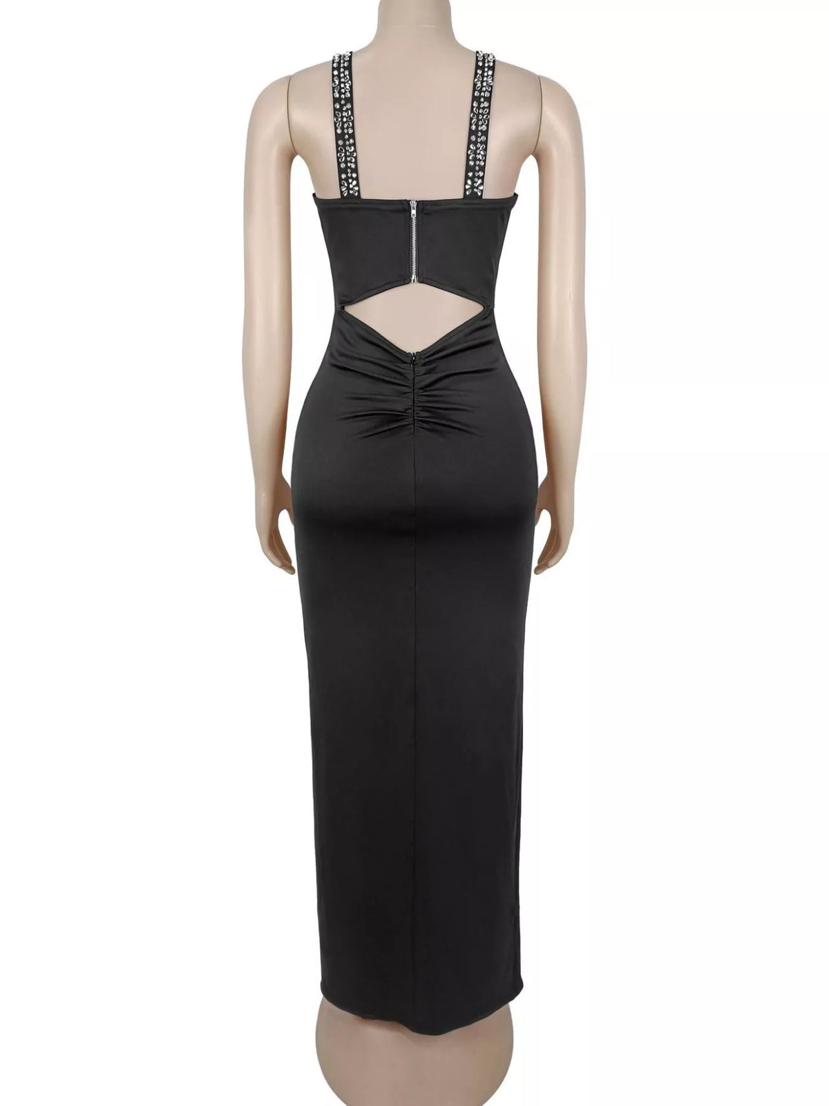 Trendsi Rhinestone Cutout Back High Slit Maxi Dress -